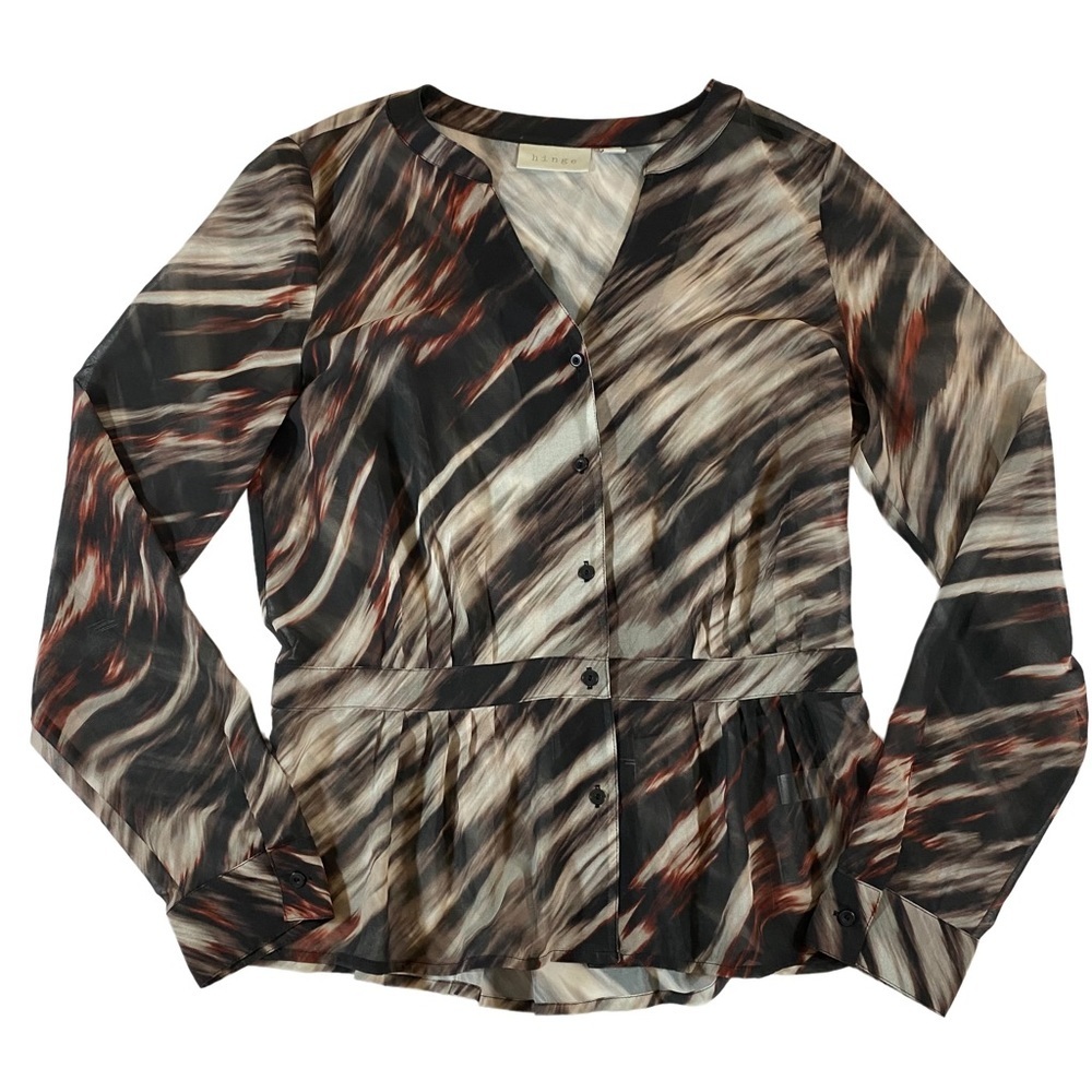 Cool abstract print blouse in browns, red and black by Hinge
